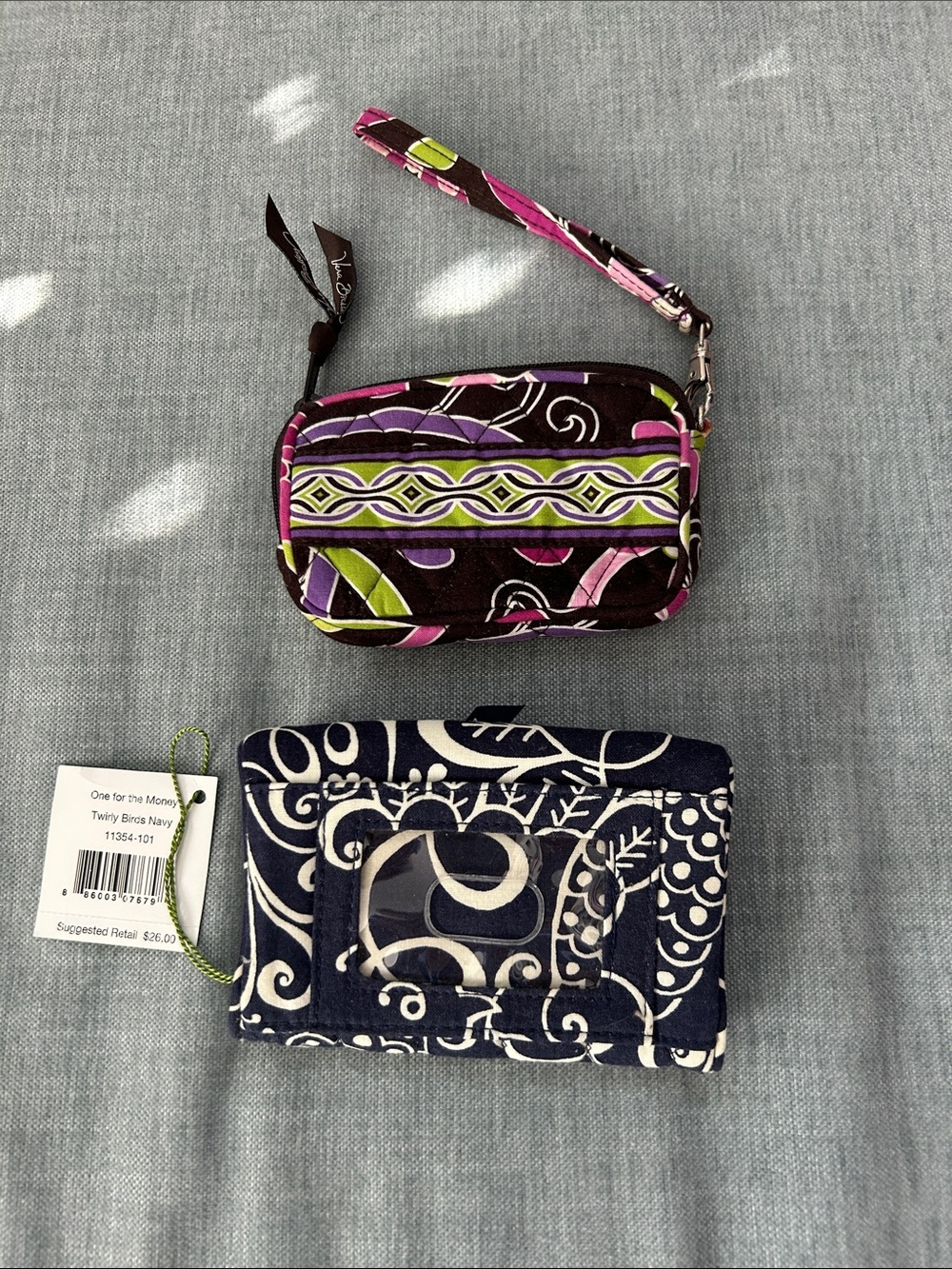 2 Vera Bradley Pink Purple Lime Patterned Wristlet and Navy White Small Wallet